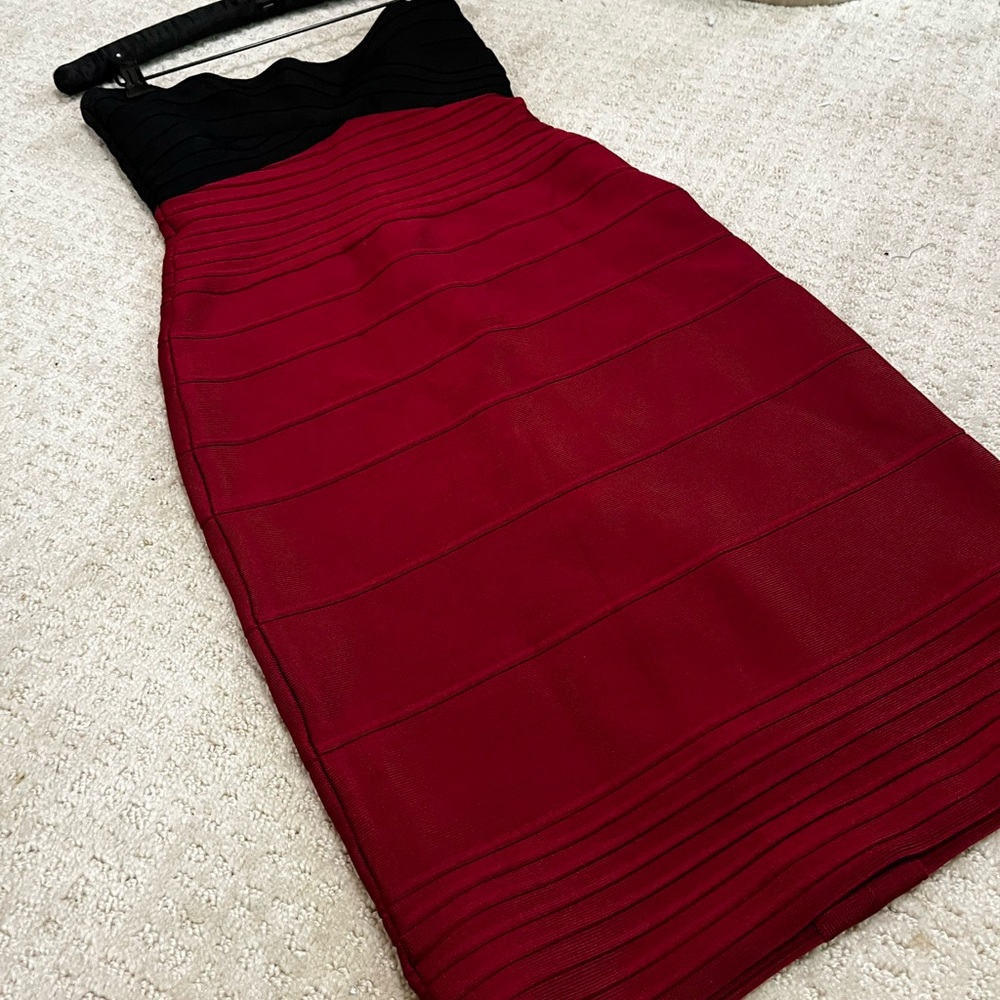 Herve Leger Red Strapless Pleated Bodycon Dress